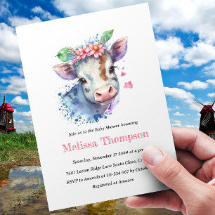 Invitation Fleurs de vache animale de ferme tendance Baby sho