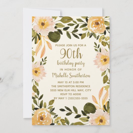 Invitation Fleurs de verdure à la crème jaune 90e anniversair (Devant)