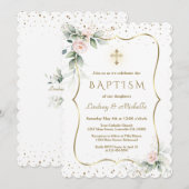 Invitation Fleurs de verdure Airy Gold Cross Twins Baptême (Devant / Derrière)