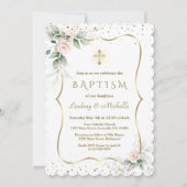 Invitation Fleurs de verdure Airy Gold Cross Twins Baptême (Devant)
