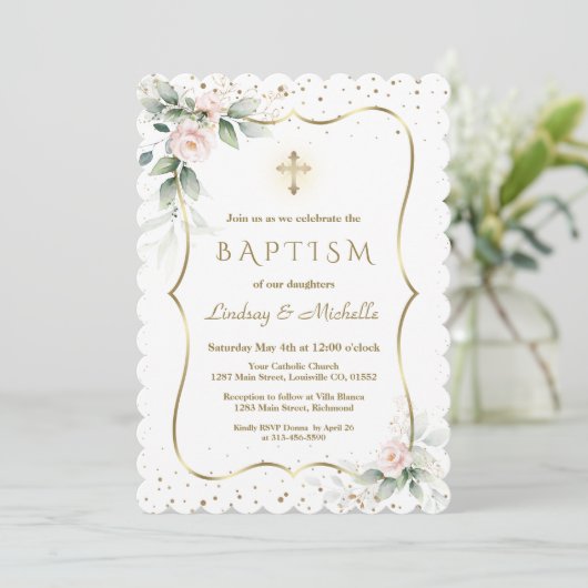 Invitation Fleurs de verdure Airy Gold Cross Twins Baptême (Debout devant)