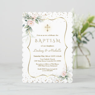 Invitation Fleurs de verdure Airy Gold Cross Twins Baptême