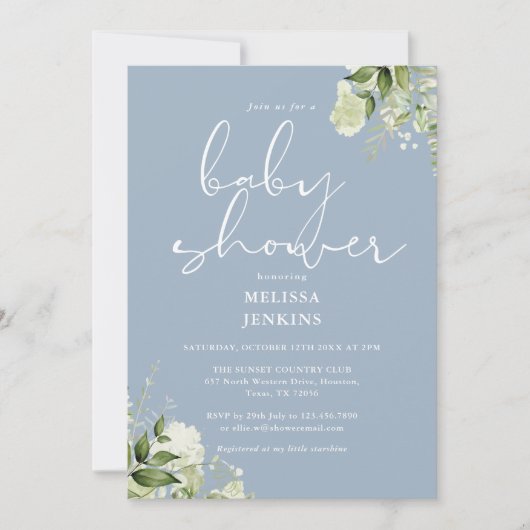 Invitation Fleurs de verdure Baby Shower garçon bleu poussiér (Devant)