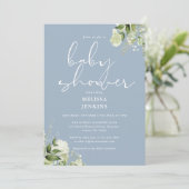 Invitation Fleurs de verdure Baby Shower garçon bleu poussiér (Debout devant)