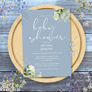 Invitation Fleurs de verdure Baby Shower garçon bleu poussiér