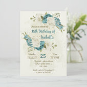 Invitation fleurs de verdure blanches bleues anniversaire (Debout devant)