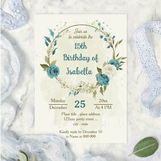 Invitation fleurs de verdure blanches bleues anniversaire