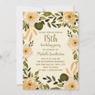 Invitation Fleurs de verdure crème jaune pour 18e anniversair