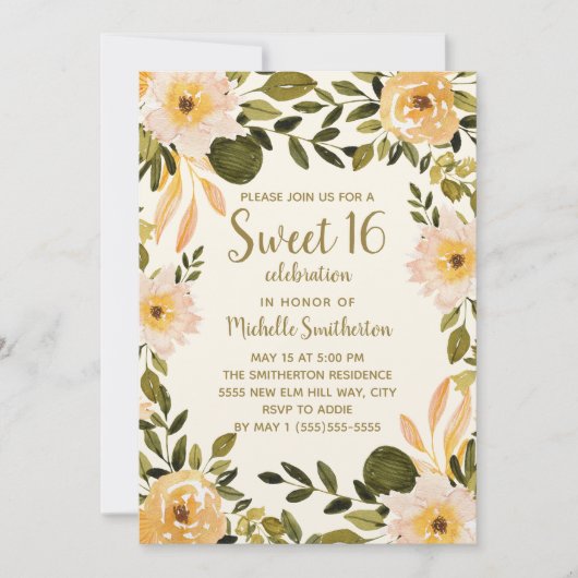 Invitation Fleurs de verdure de crème jaune Sweet 16 (Devant)