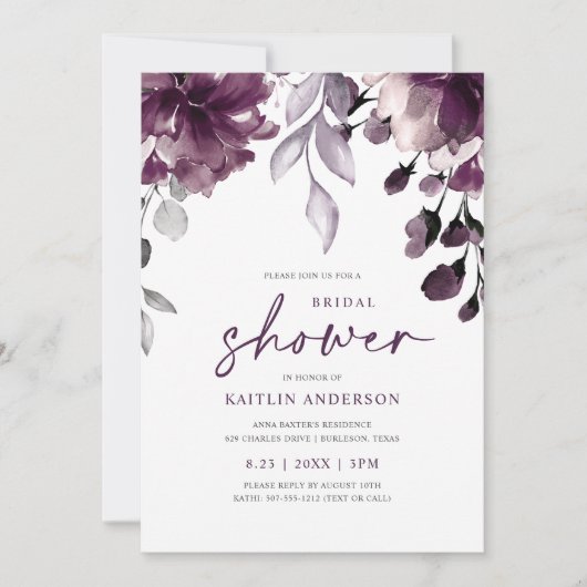 Invitation Fleurs de verdure de mariage de prune violette (Devant)