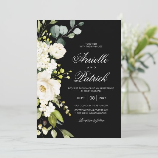 Invitation Fleurs de verdure de roses blanches élégantes (Debout devant)