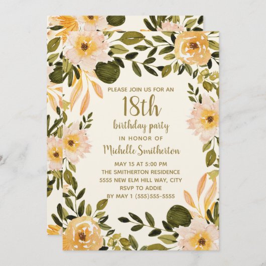 Invitation Fleurs de verdure florale crème jaune 18e annivers (Devant / Derrière)