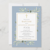 Invitation Fleurs de verdure poussiéreuse bleu garçon baptême (Devant)