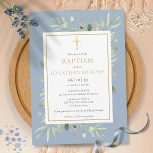 Invitation Fleurs de verdure poussiéreuse bleu garçon baptême