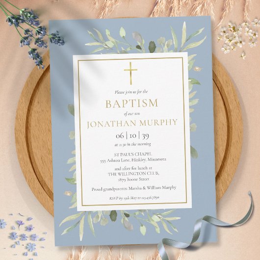 Invitation Fleurs de verdure poussiéreuse bleu garçon baptême