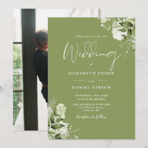 Invitation Fleurs de verdure vert mousse Élégant Mariage Phot