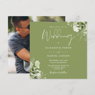 Invitation Fleurs de verdure vert mousse Photo Carré Mariage