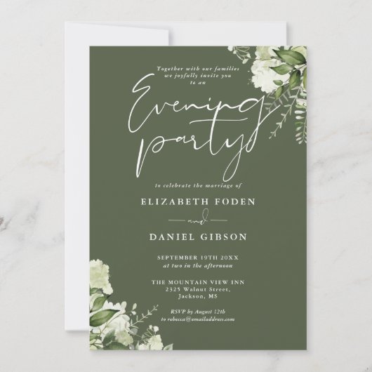 Invitation Fleurs de verdure vert olive Mariage Soirée (Devant)