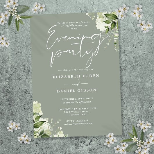 Invitation Fleurs de verdure Vert sauge Mariage Soirée