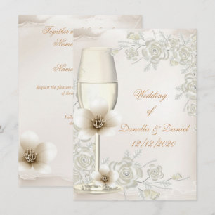 Invitation Fleurs de verre de champagne Crème Sépia de mariag