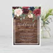 Invitation Fleurs de vin rouge Bourgogne Mariage de bois rust (Debout devant)