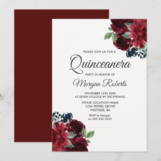 Invitation Fleurs de vin rouge de Bourgogne Quinceanera Invit (Devant / Derrière)