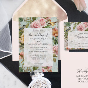 Invitation Fleurs de Vintage Rose Pâle Jaune Botanique Oiseau
