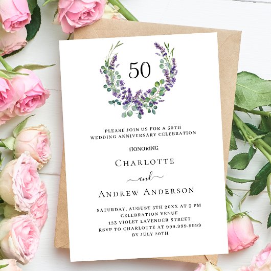 Invitation Fleurs de violet de lavande 50e anniversaire maria