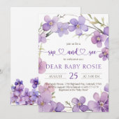 Invitation Fleurs de violet délicieuses printemps Sip bébé et (Devant / Derrière)