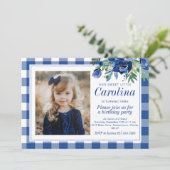 Invitation Fleurs de watercolor bleu marine prépa à carreaux (Debout devant)