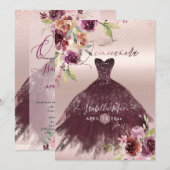 Invitation Fleurs de watercolor de Bourgogne pour Quinceanera (Devant / Derrière)