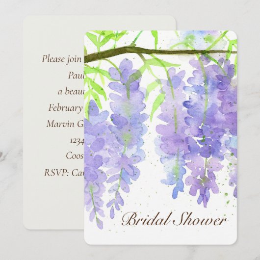 Invitation Fleurs de Wisteria Fête des mariées d'aquarelle (Devant / Derrière)