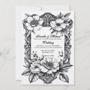 Invitation Fleurs Décoration de mariage vintage noir et blan