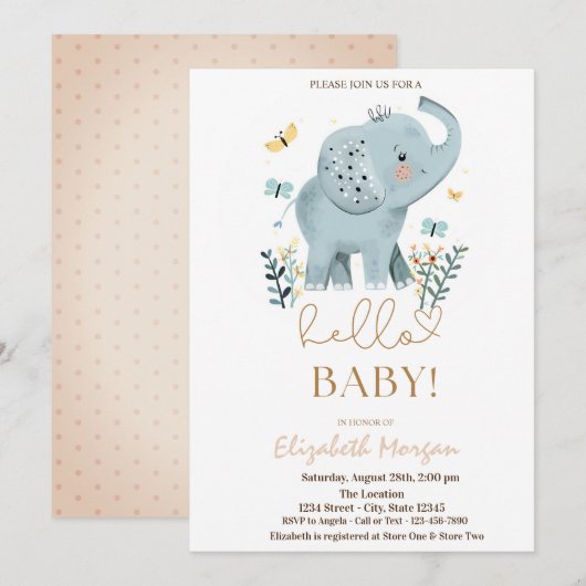 Invitation Fleurs d'éléphant bébé Papillon Points Baby Shower (Devant / Derrière)