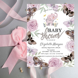 Invitation Fleurs d'éléphants Papillons Baby shower rose