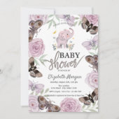 Invitation Fleurs d'éléphants Papillons Baby shower rose (Devant)