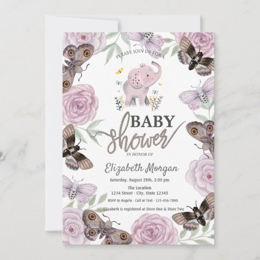 Invitation Fleurs d'éléphants Papillons Baby shower rose (Devant)