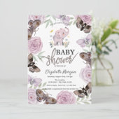 Invitation Fleurs d'éléphants Papillons Baby shower rose (Debout devant)