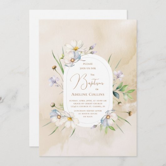 Invitation Fleurs délicates Aquarelle douce Baptême (Devant / Derrière)