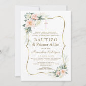 Invitation Fleurs délicates blush blanc 1er anniversaire bapt (Devant)