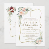 Invitation Fleurs délicates blush blanc 1er anniversaire bapt (Devant / Derrière)