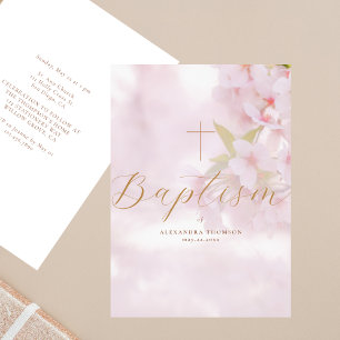 Invitation Fleurs délicates Croix calligraphiée dorée Baptême