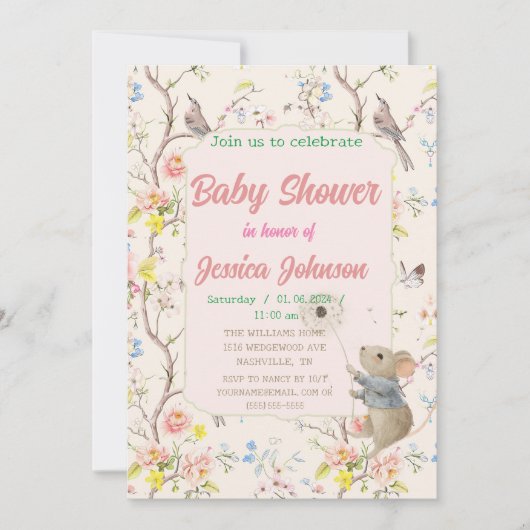 Invitation fleurs délicates et feuilles de style chinois (Devant)