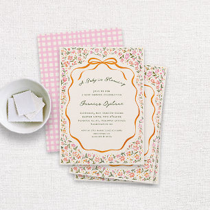 Invitation Fleurs délicates roses et Baby Shower au ruban ora