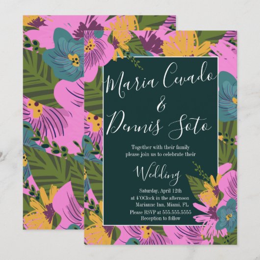 Invitation Fleurs dessinées à la main Mariage vert rose gras  (Devant / Derrière)