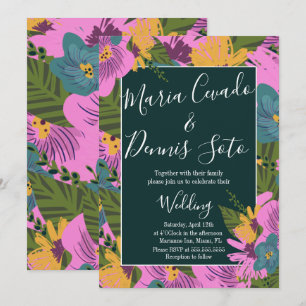 Invitation Fleurs dessinées à la main Mariage vert rose gras