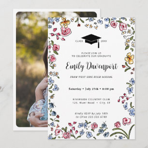 Invitation Fleurs dessinées à la main Photo de graduation sur