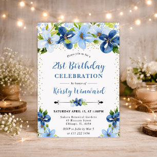 Invitation Fleurs d'été aquarelle bleue 21e anniversaire