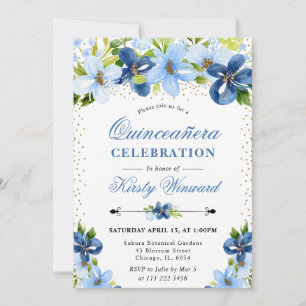 Invitation Fleurs d'été aquarelle bleue Quinceanera