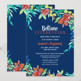 Invitation Fleurs d'été Beltane Wicca Aquarelle Bleu